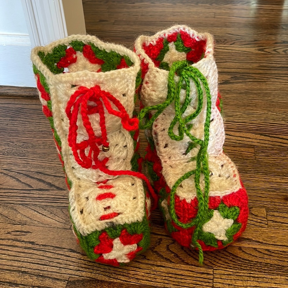 Vintage Crochet Boots -  Granny Square Boots Granny Crocheted Candy Jar Holders
